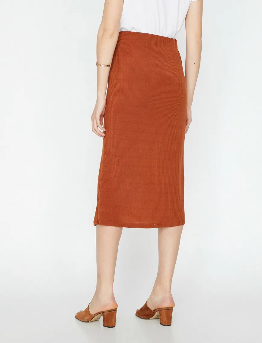 11984 Brown Slit Detailed Midi Skirt