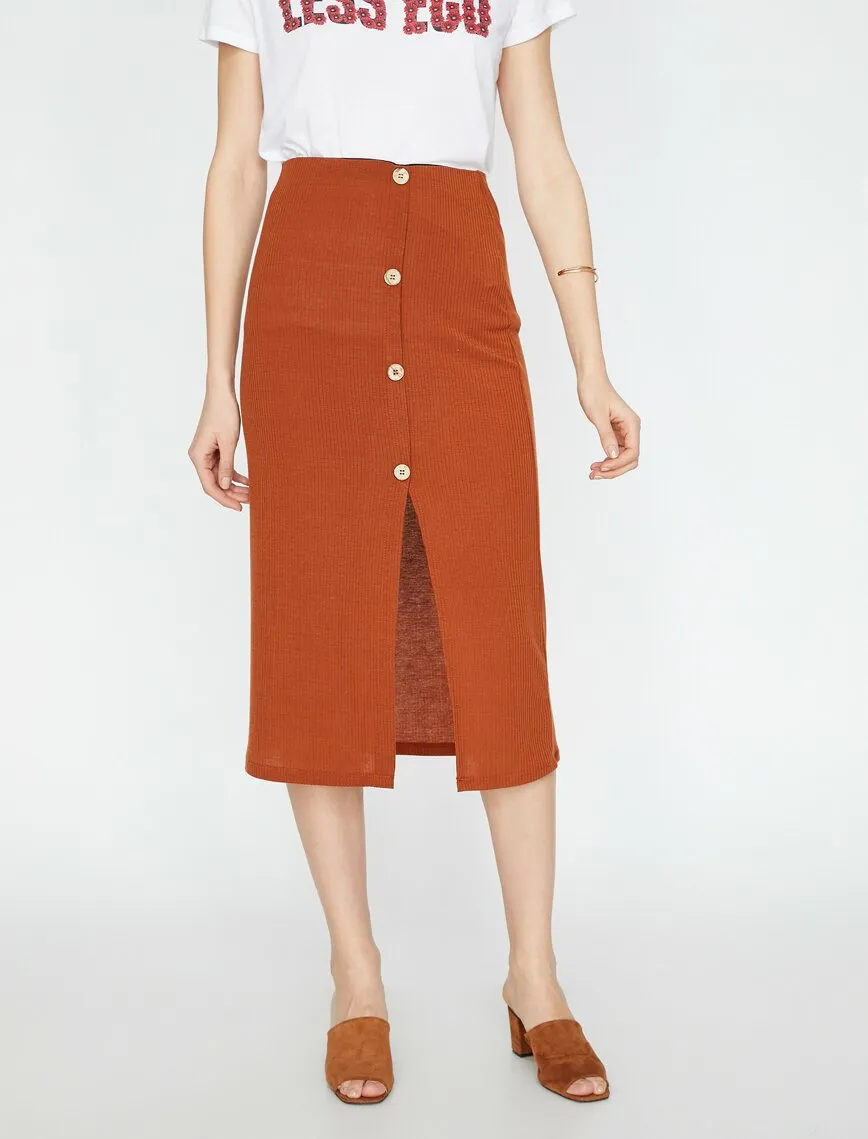 11984 Brown Slit Detailed Midi Skirt