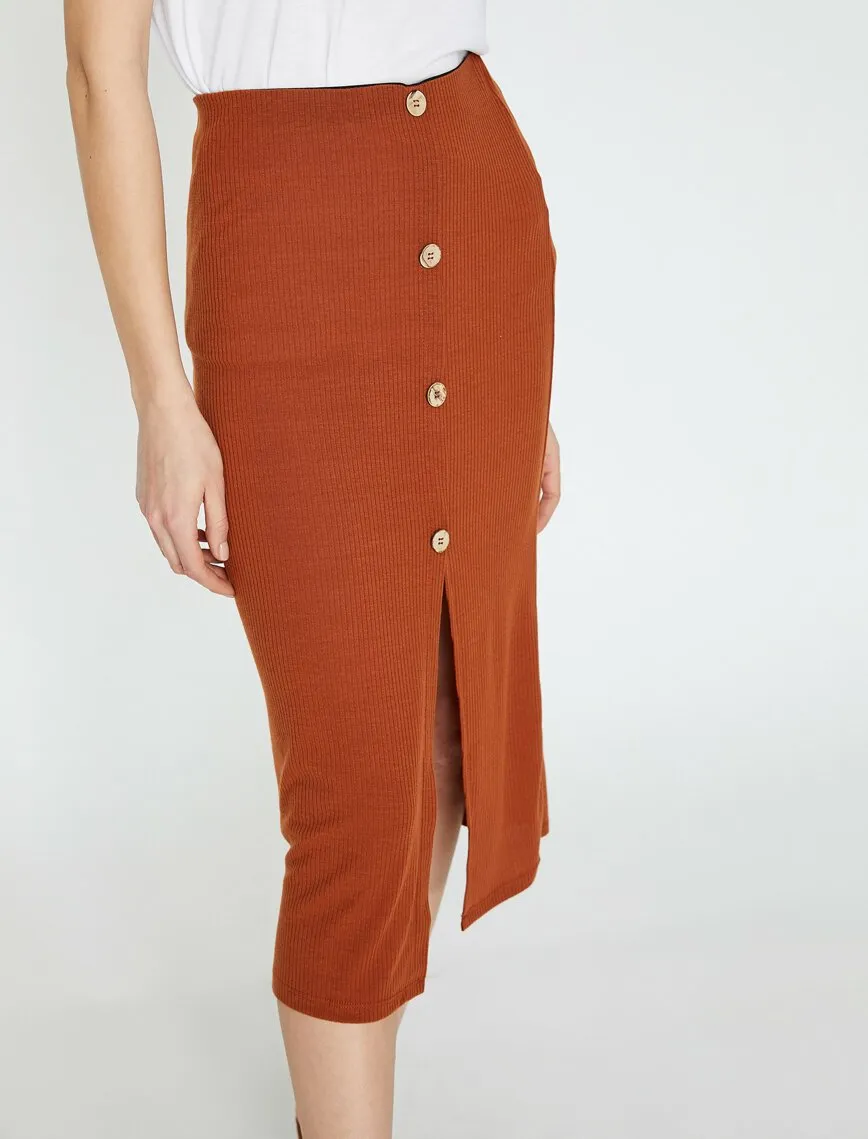 11984 Brown Slit Detailed Midi Skirt