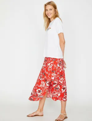 12283 Red Floral Midi Skirt