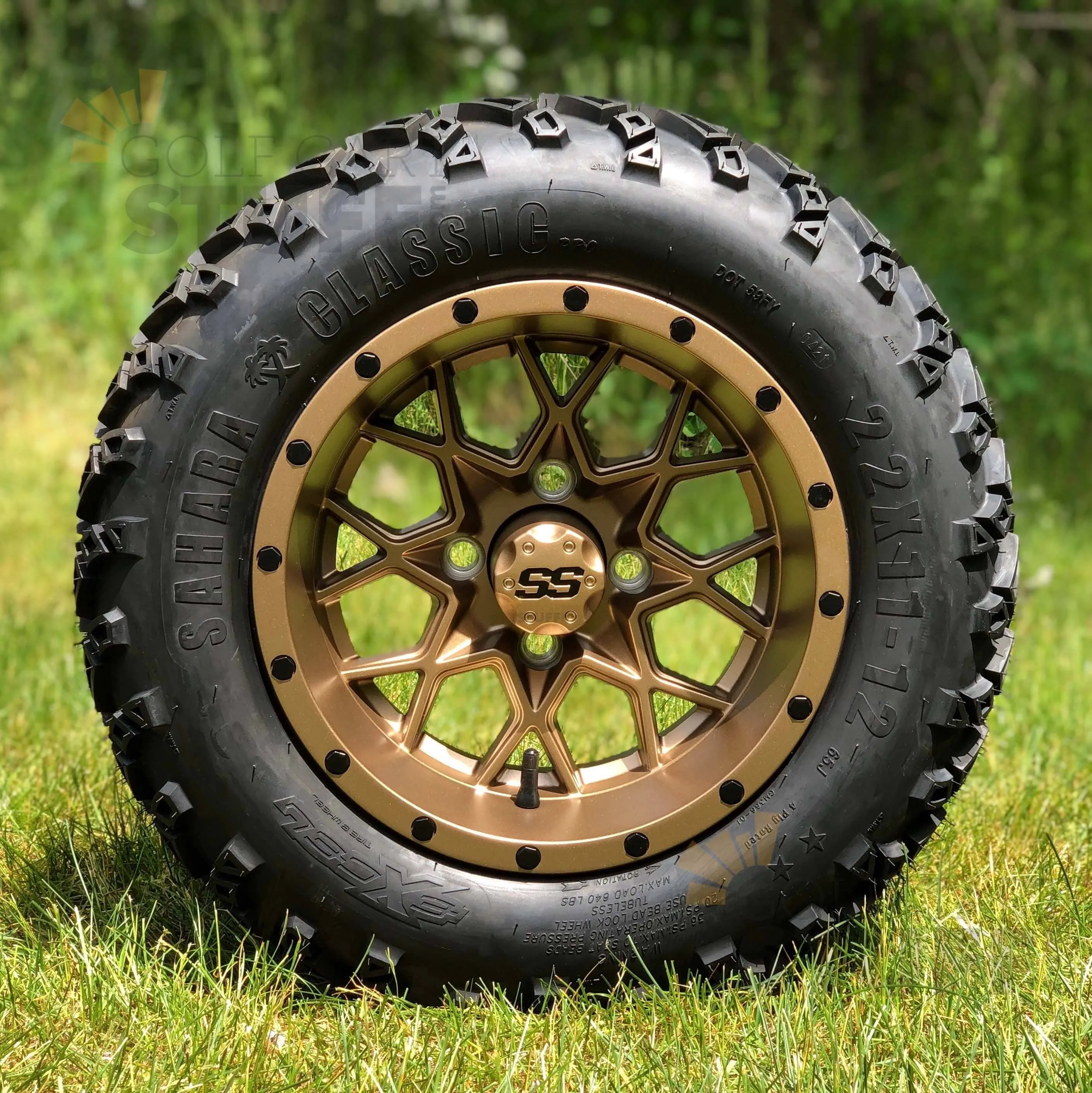 12" Matrix Matte Bronze Aluminum Golf Cart Wheels and All Terrain / Off-Road Golf Cart Tires Combo - Set of 4