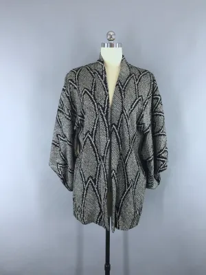 1950s Vintage Silk Haori Kimono Cardigan Jacket in Black and White Shibori