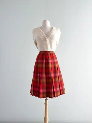 1960's Bold Plaid Pleated Wool Skirt / Sz S