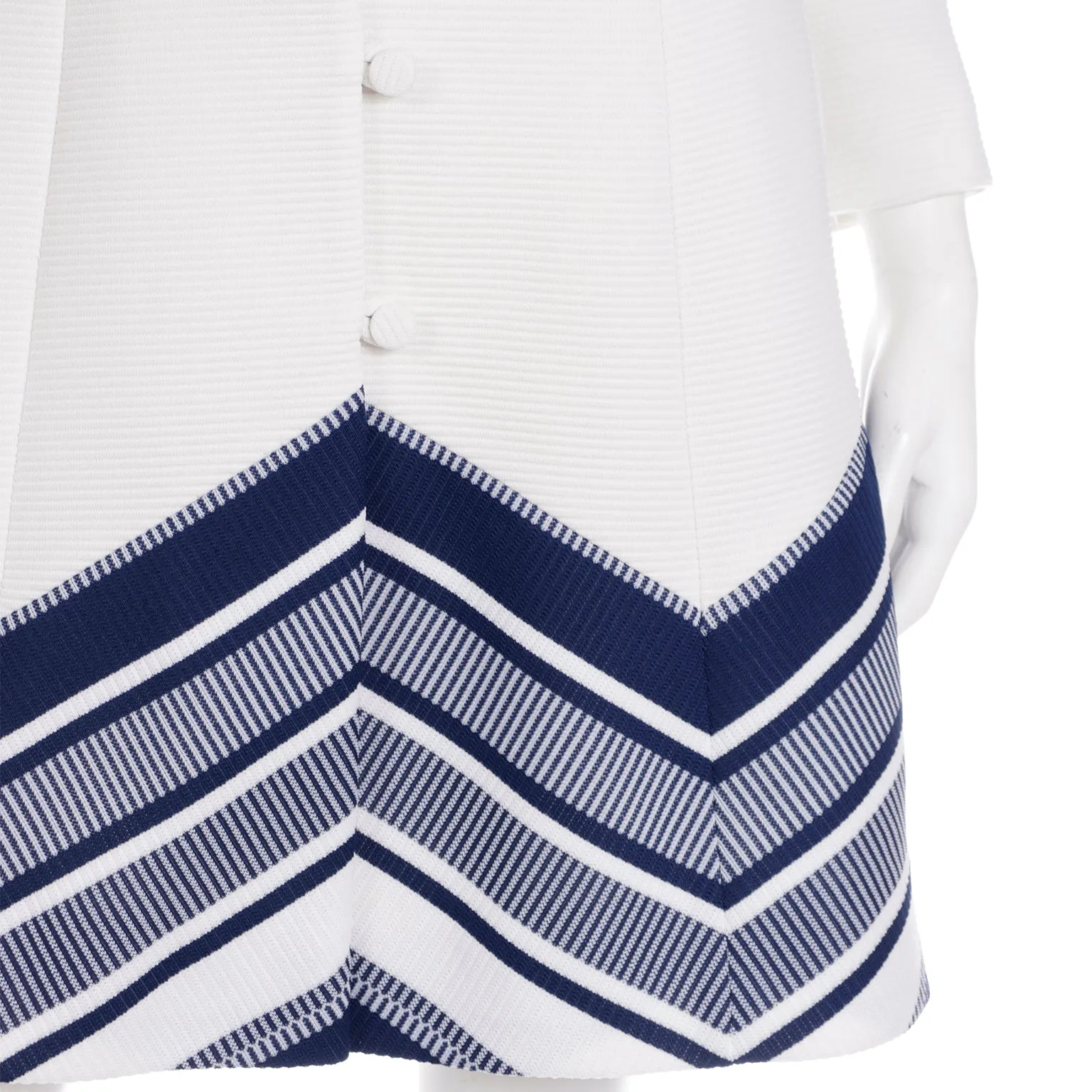 1970s Lilli Ann Knits White Coat W Navy Blue & White Chevron