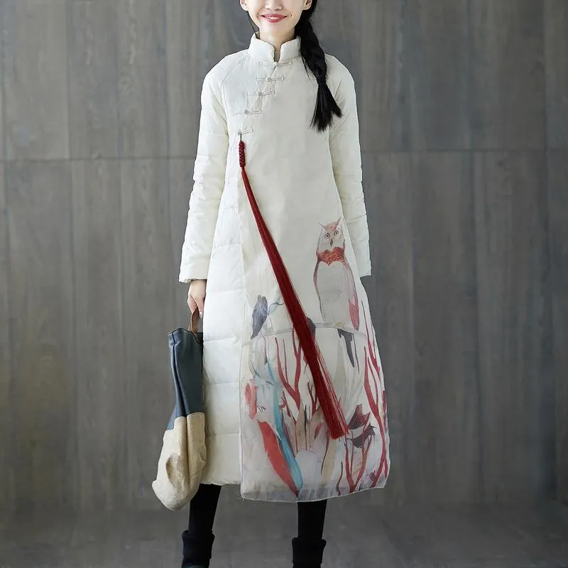 2018 thick white print down coat plus size stand collar patchwork Casual Chinese Button down coat