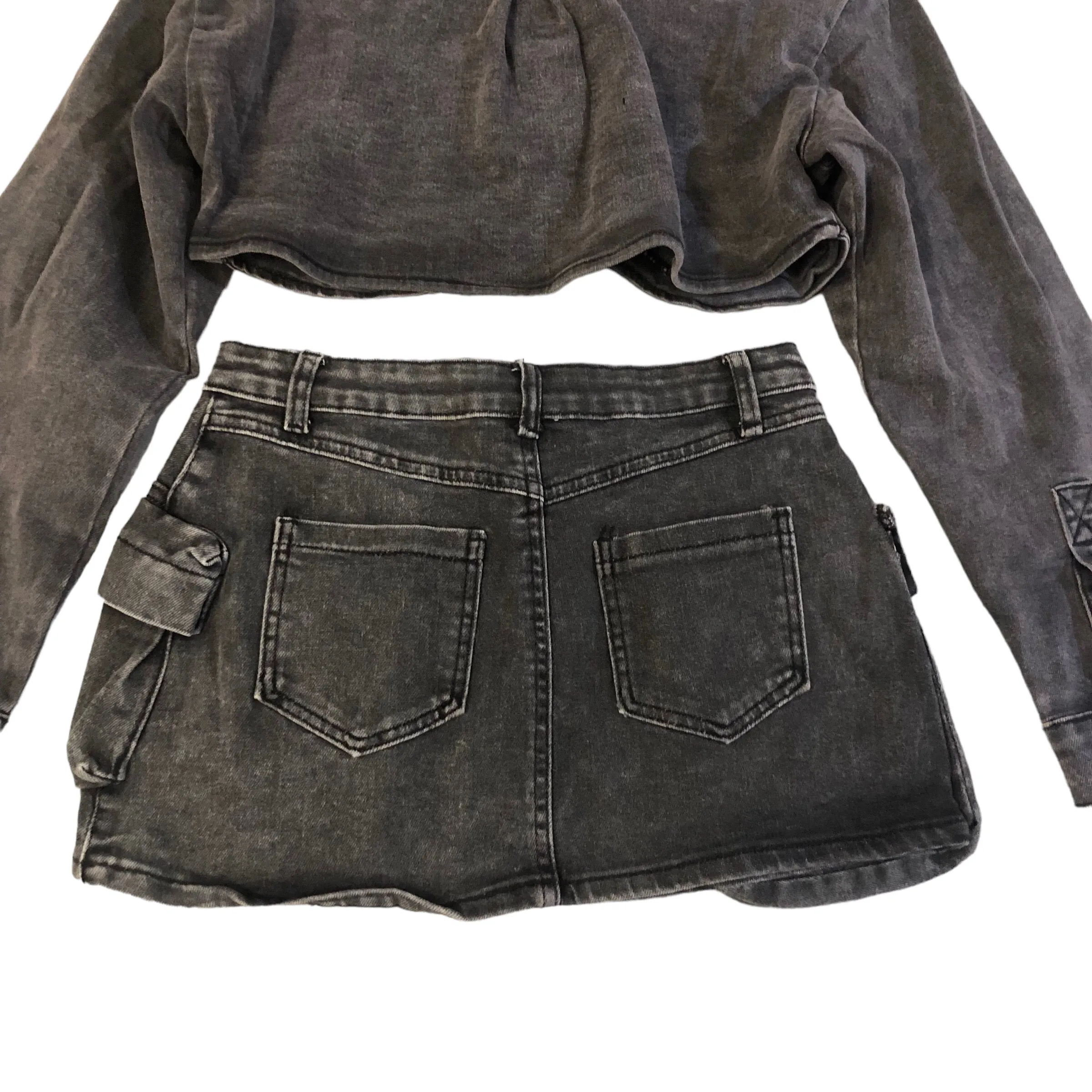 Acid Black Cropped Denim Jacket Set