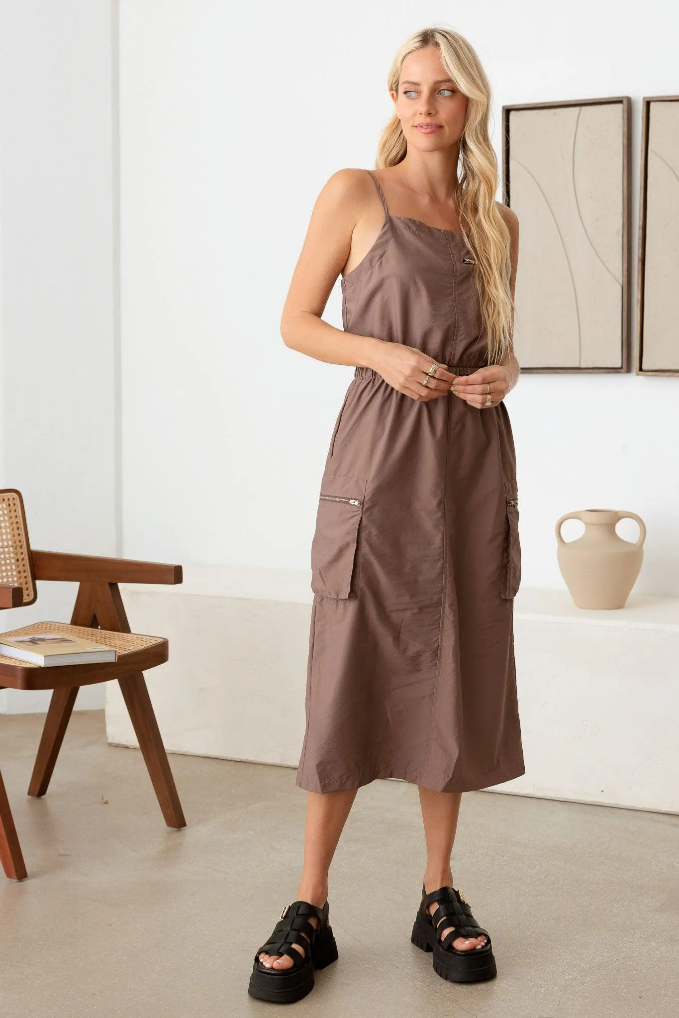 Adjustable Strap Toggle Draw String Cargo Midi Dress