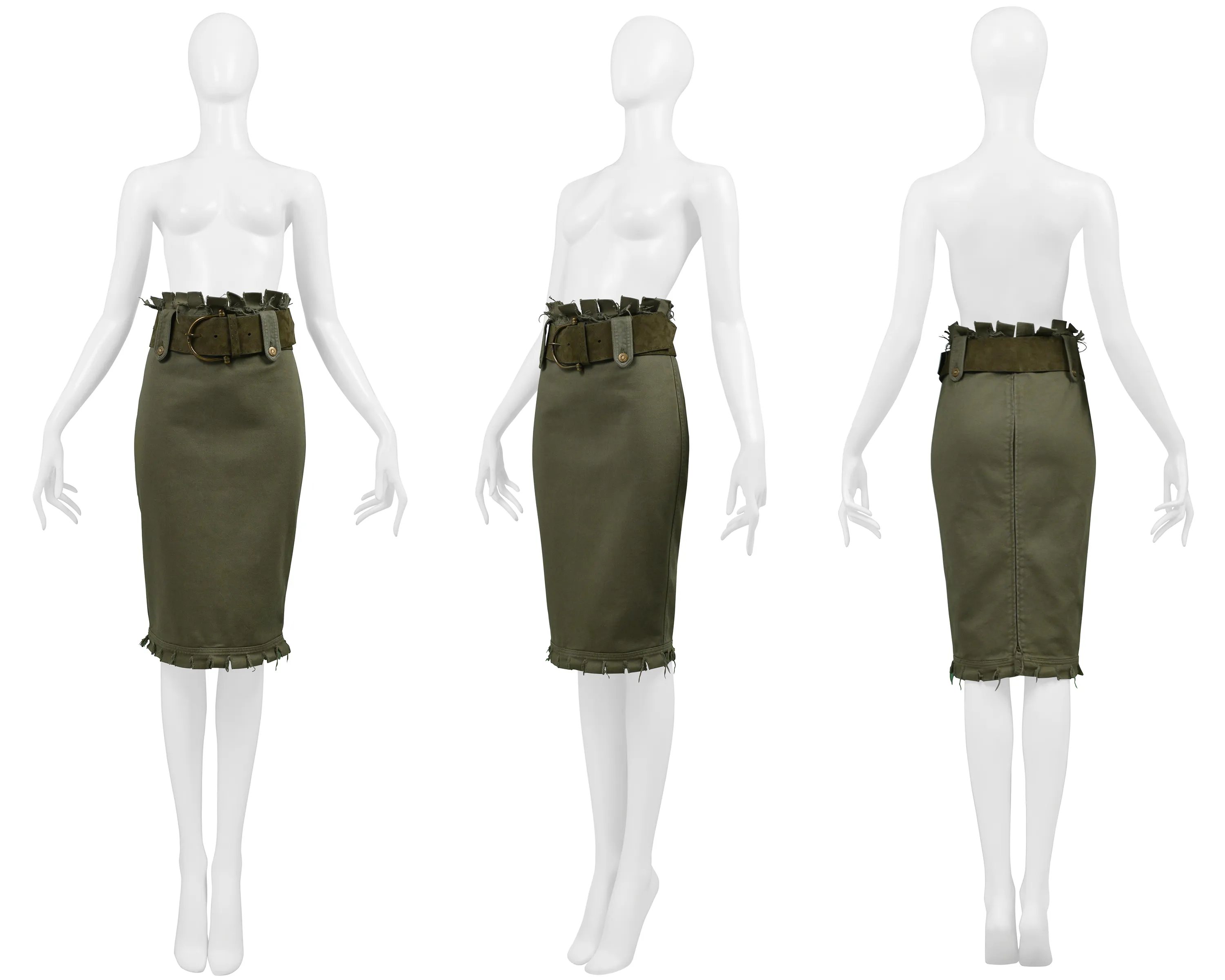 ALEXANDER MCQUEEN OLIVE FRAYED SKIRT SS 2003