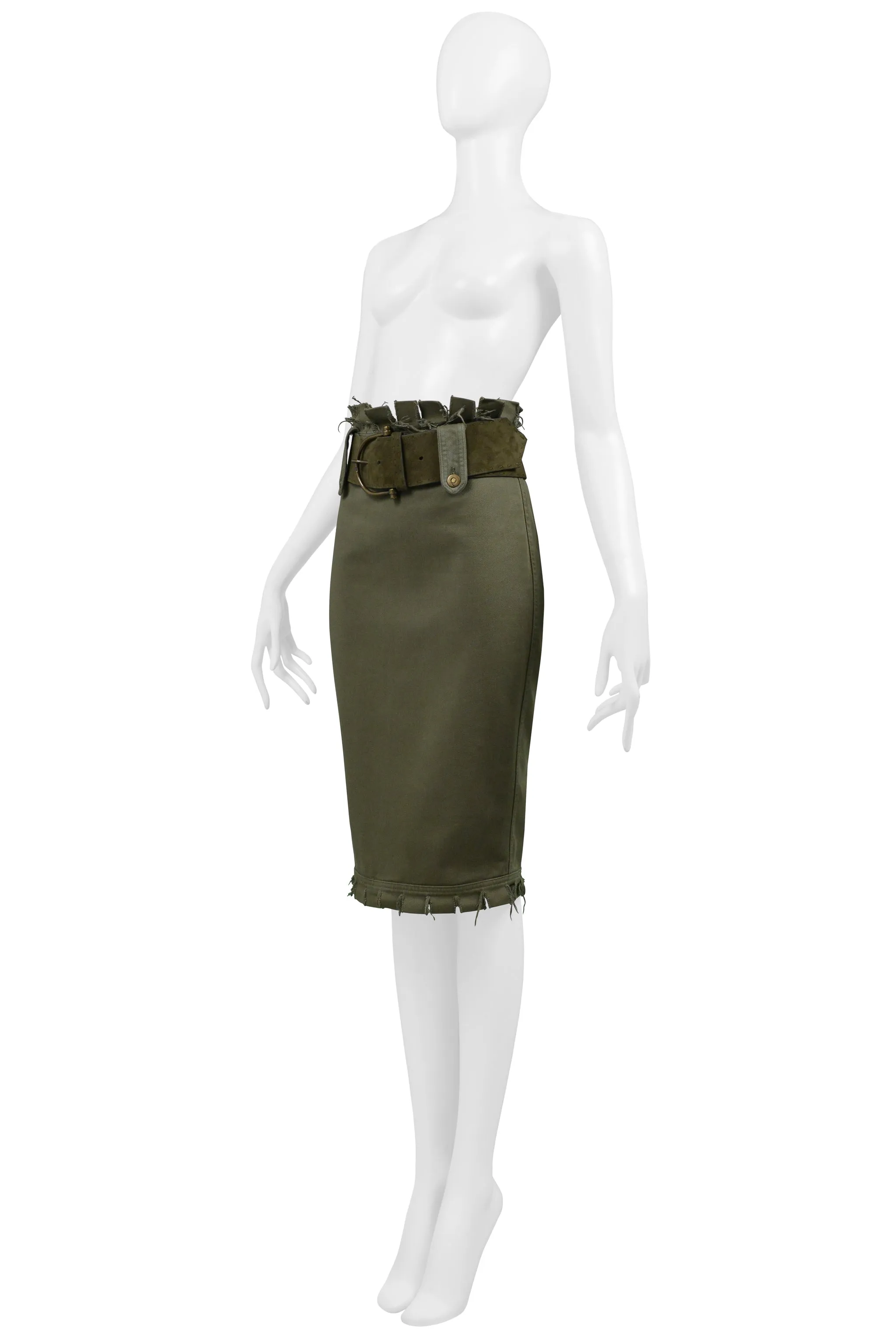 ALEXANDER MCQUEEN OLIVE FRAYED SKIRT SS 2003