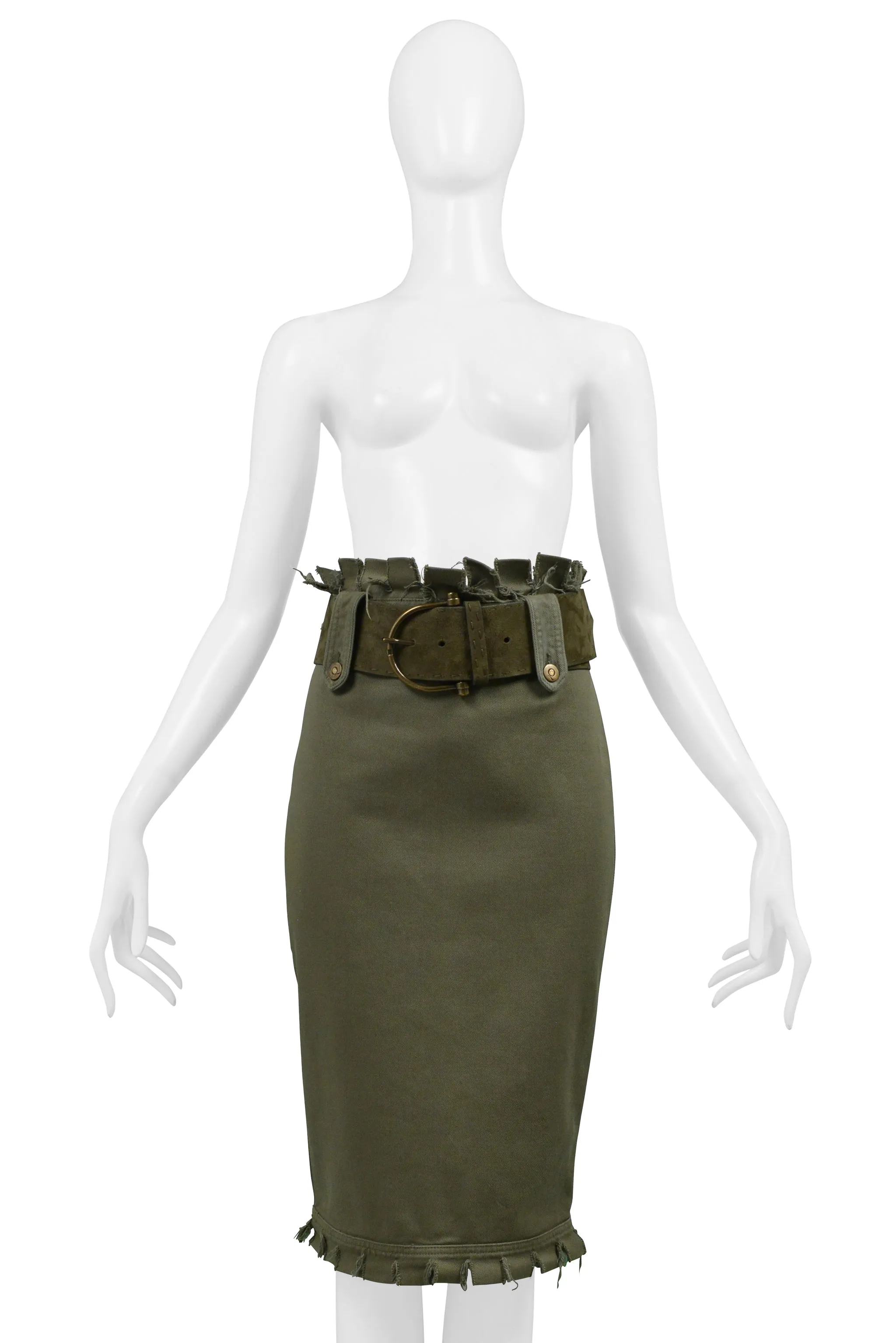 ALEXANDER MCQUEEN OLIVE FRAYED SKIRT SS 2003