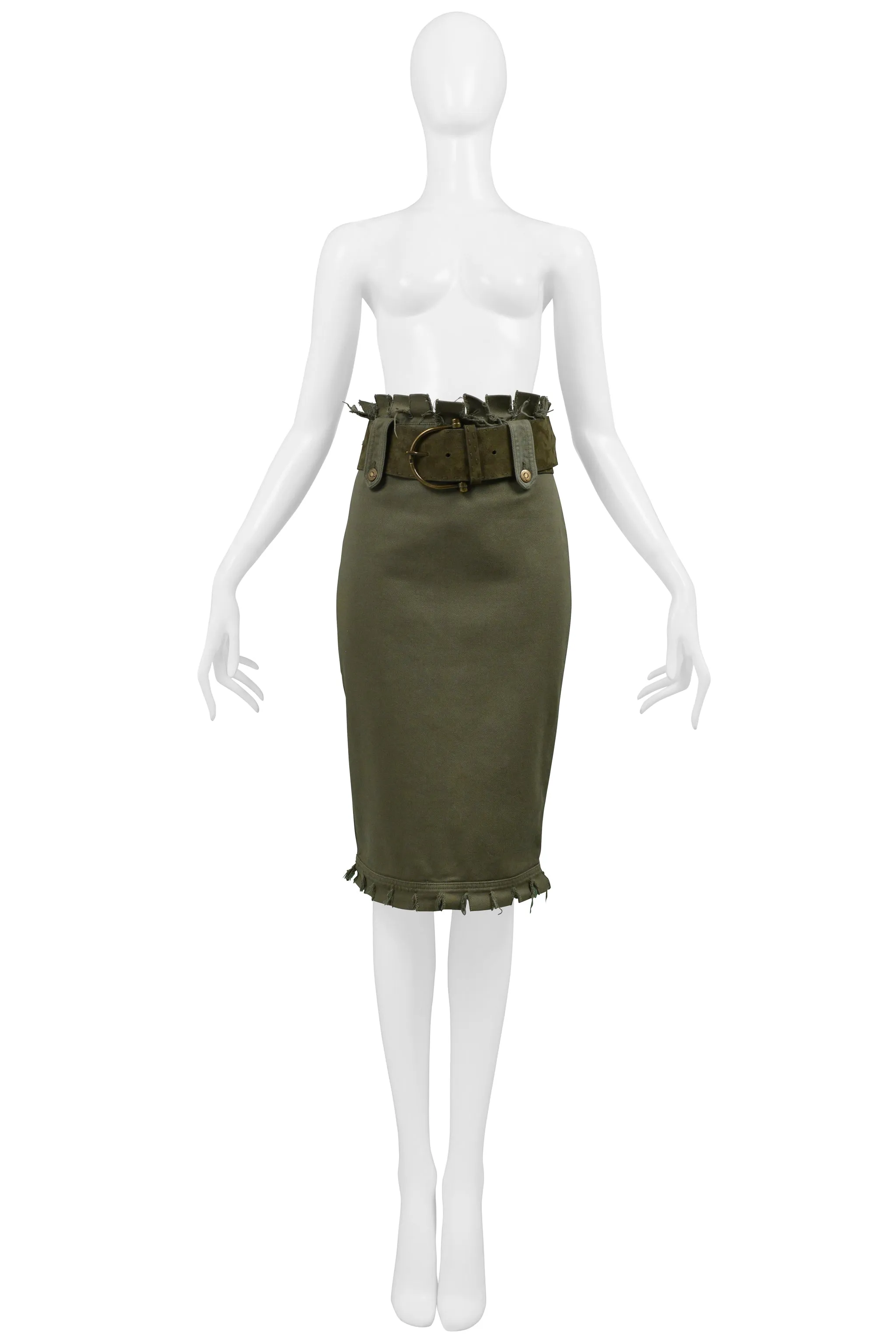 ALEXANDER MCQUEEN OLIVE FRAYED SKIRT SS 2003