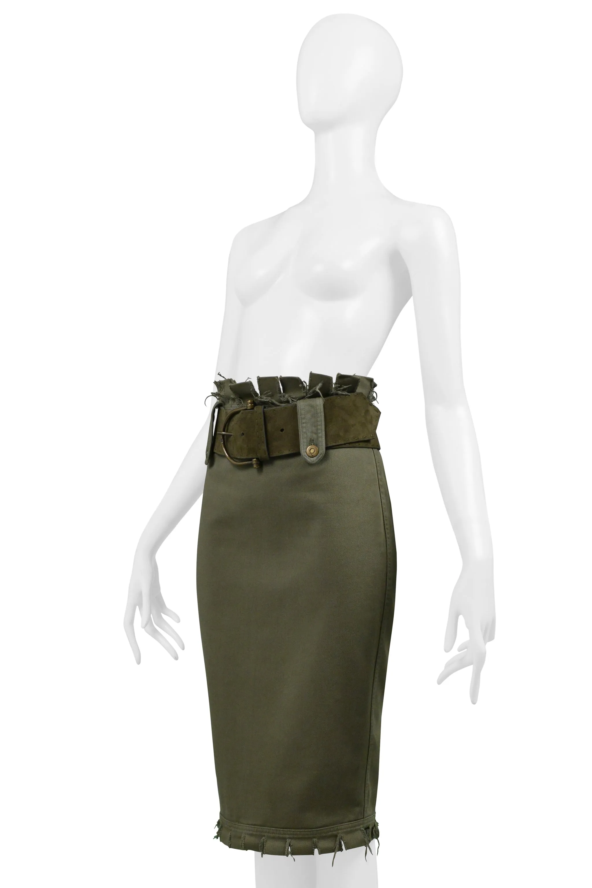 ALEXANDER MCQUEEN OLIVE FRAYED SKIRT SS 2003