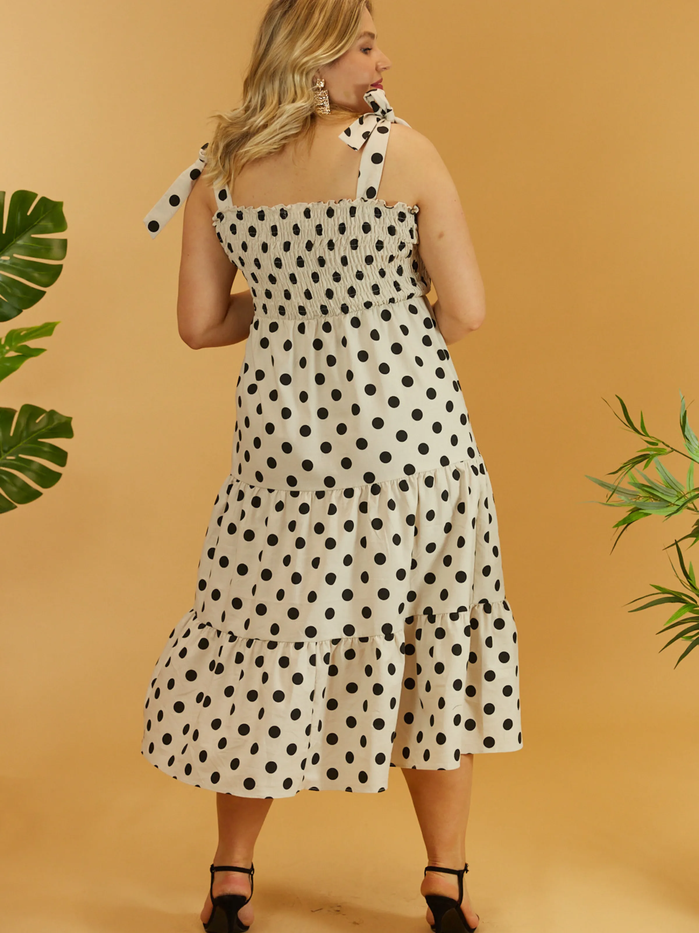 Alexia Shirred Tie Strap Midi Dress / Stone And Black Spot