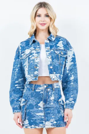 American Bazi Jacquard Trim Cropped Denim Jacket