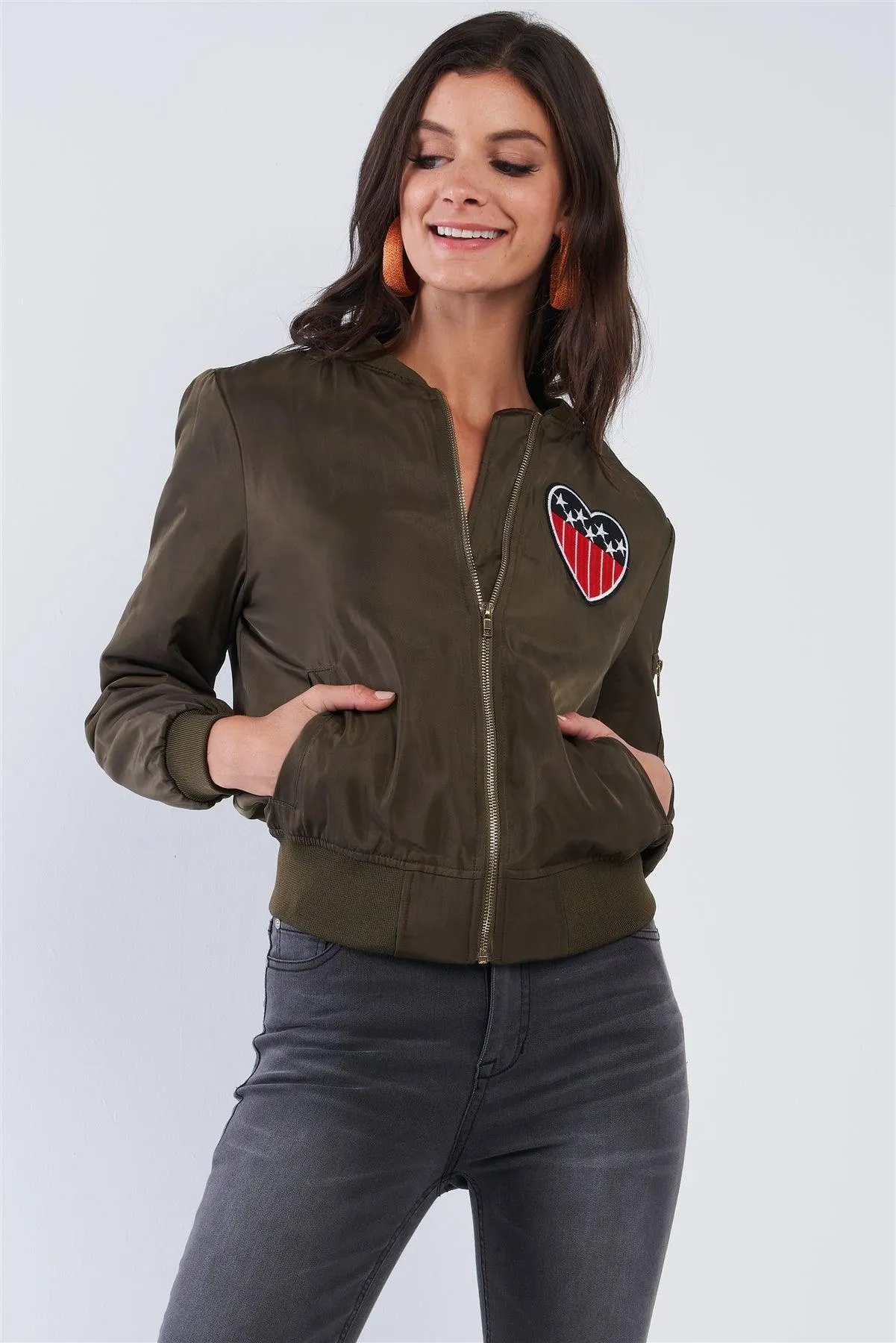 American Made Olive Green Multicolor Patriotic Stamp Flight Bomber Jacket /1-1-2