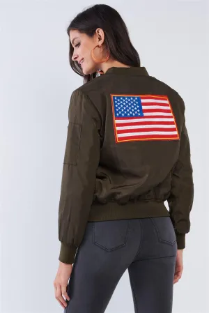 American Made Olive Green Multicolor Patriotic Stamp Flight Bomber Jacket /1-1-2