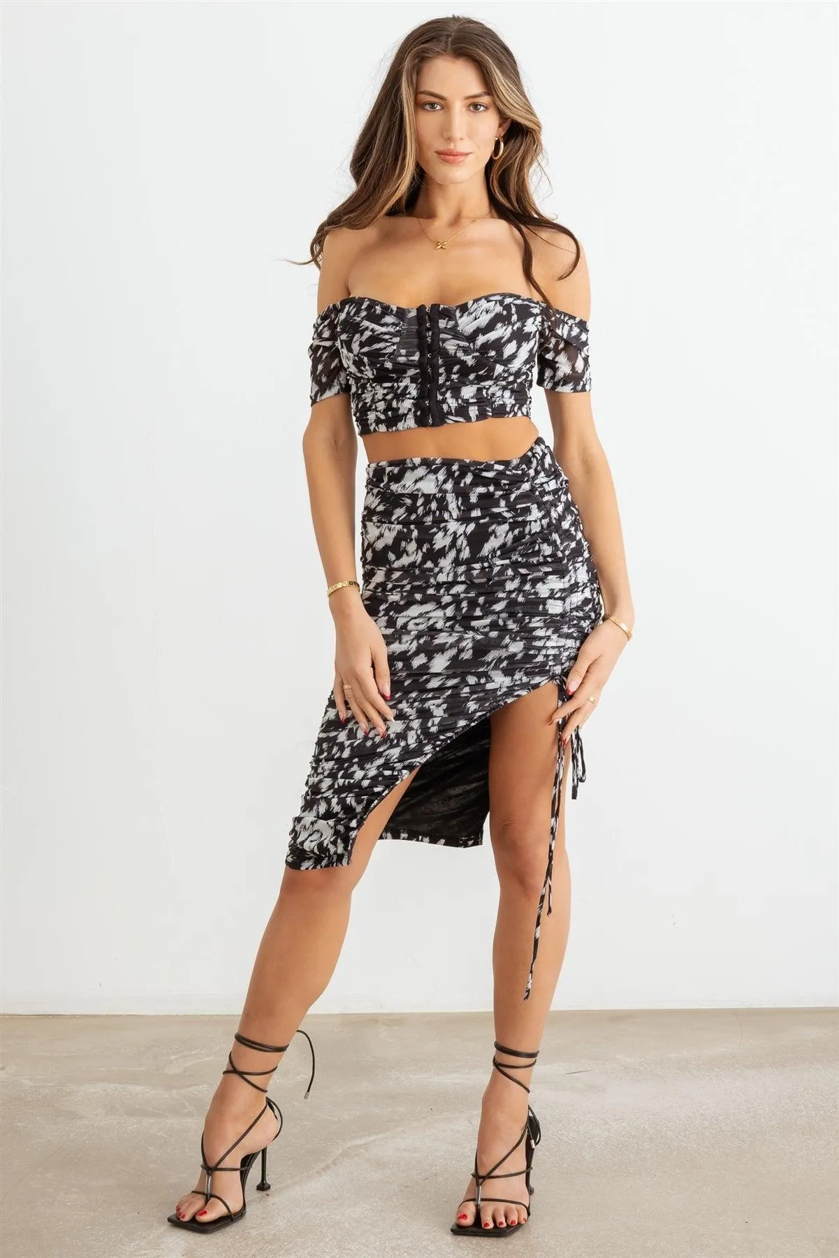 Animal Print Mesh Ruched Crop Top & High Waist Skirt Set