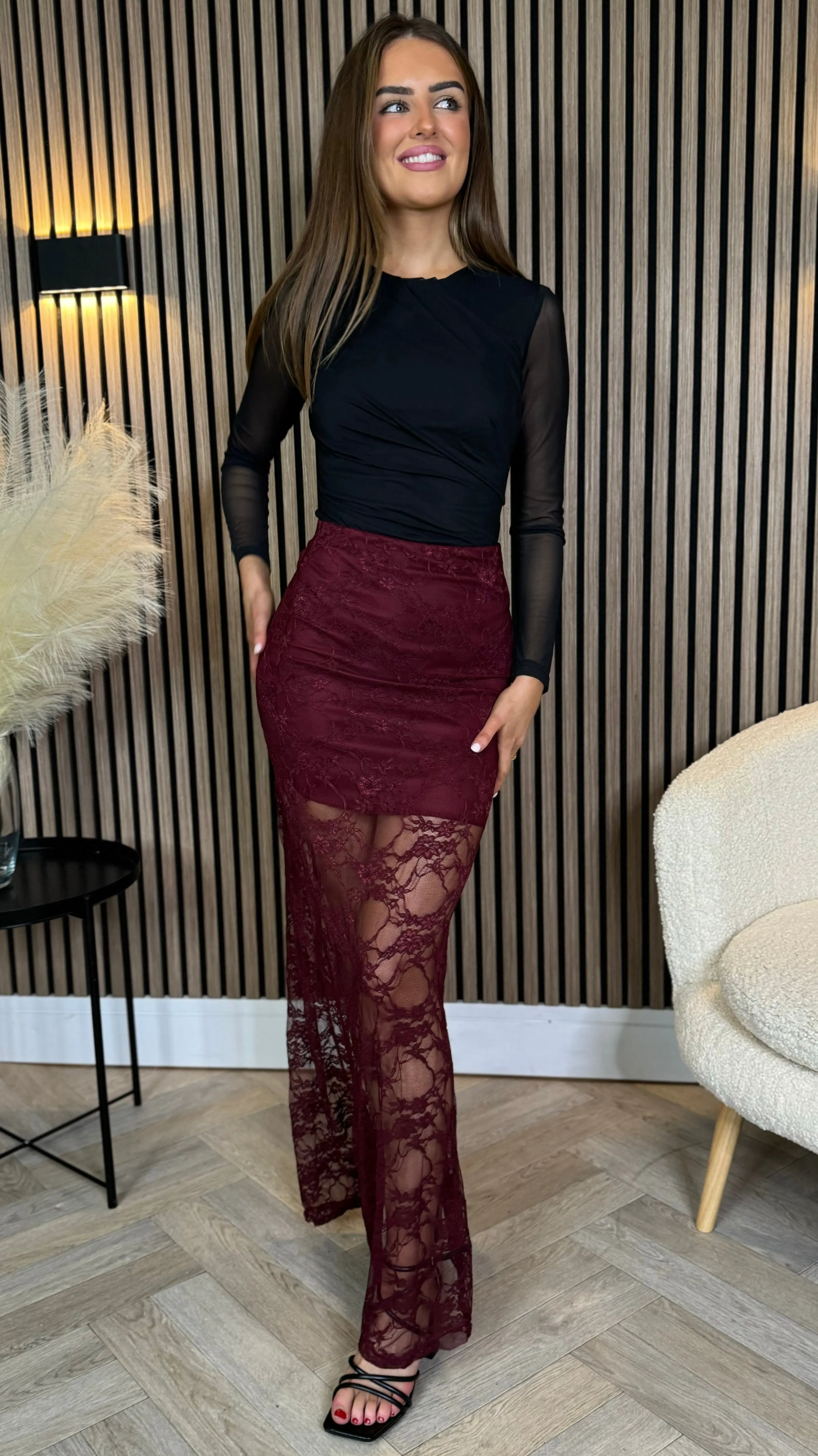 Anneke Burgundy Lace Detail Midi Skirt