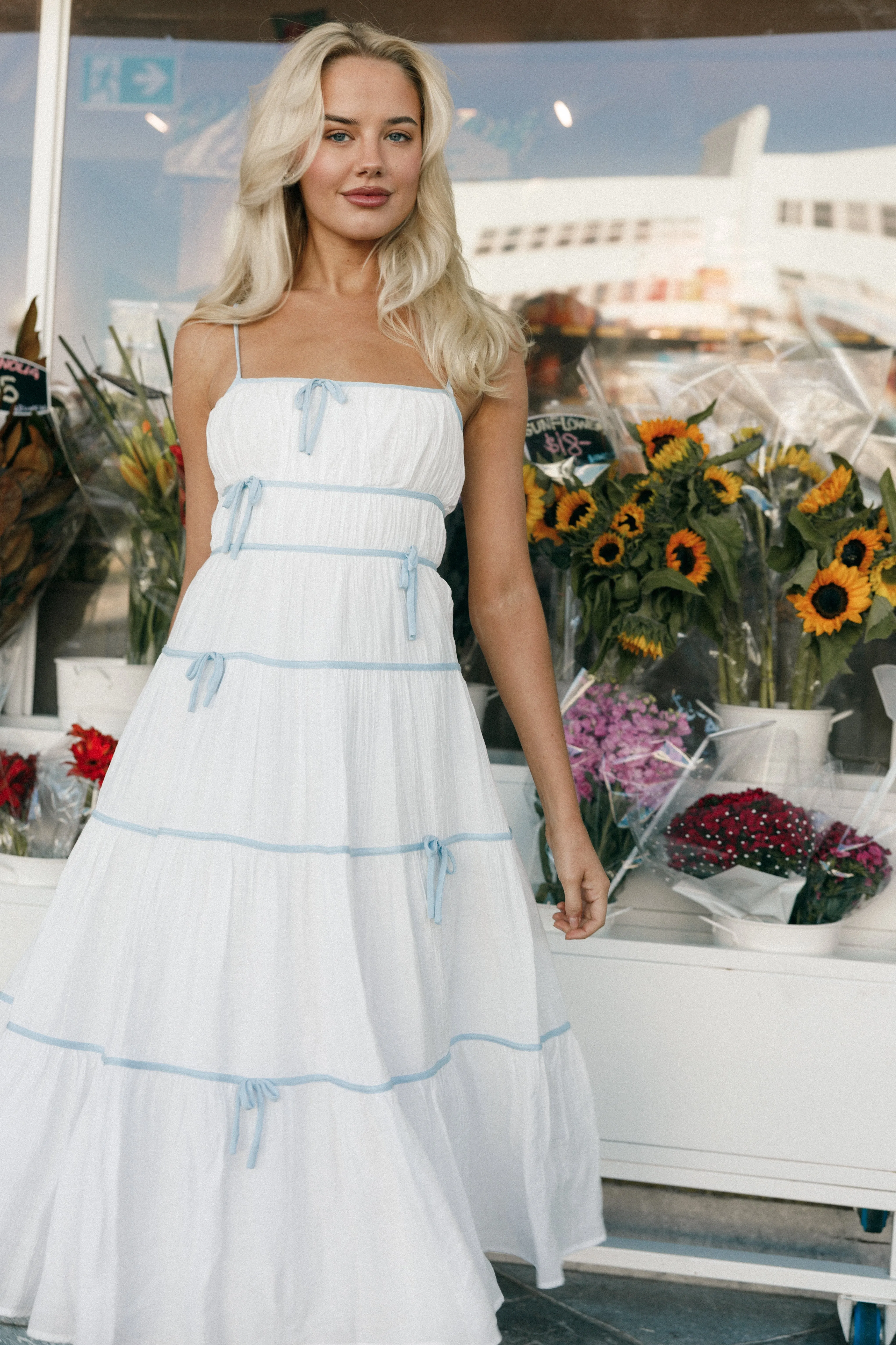 Aubree Midi Dress - White Blue