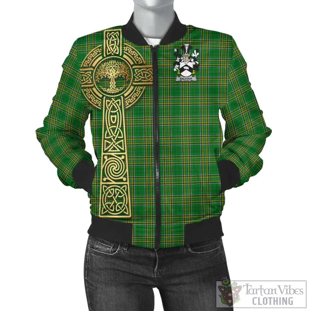 Balfour Irish Clan Tartan Bomber Jacket with Coat of Arms Celtic Tree of Life Style