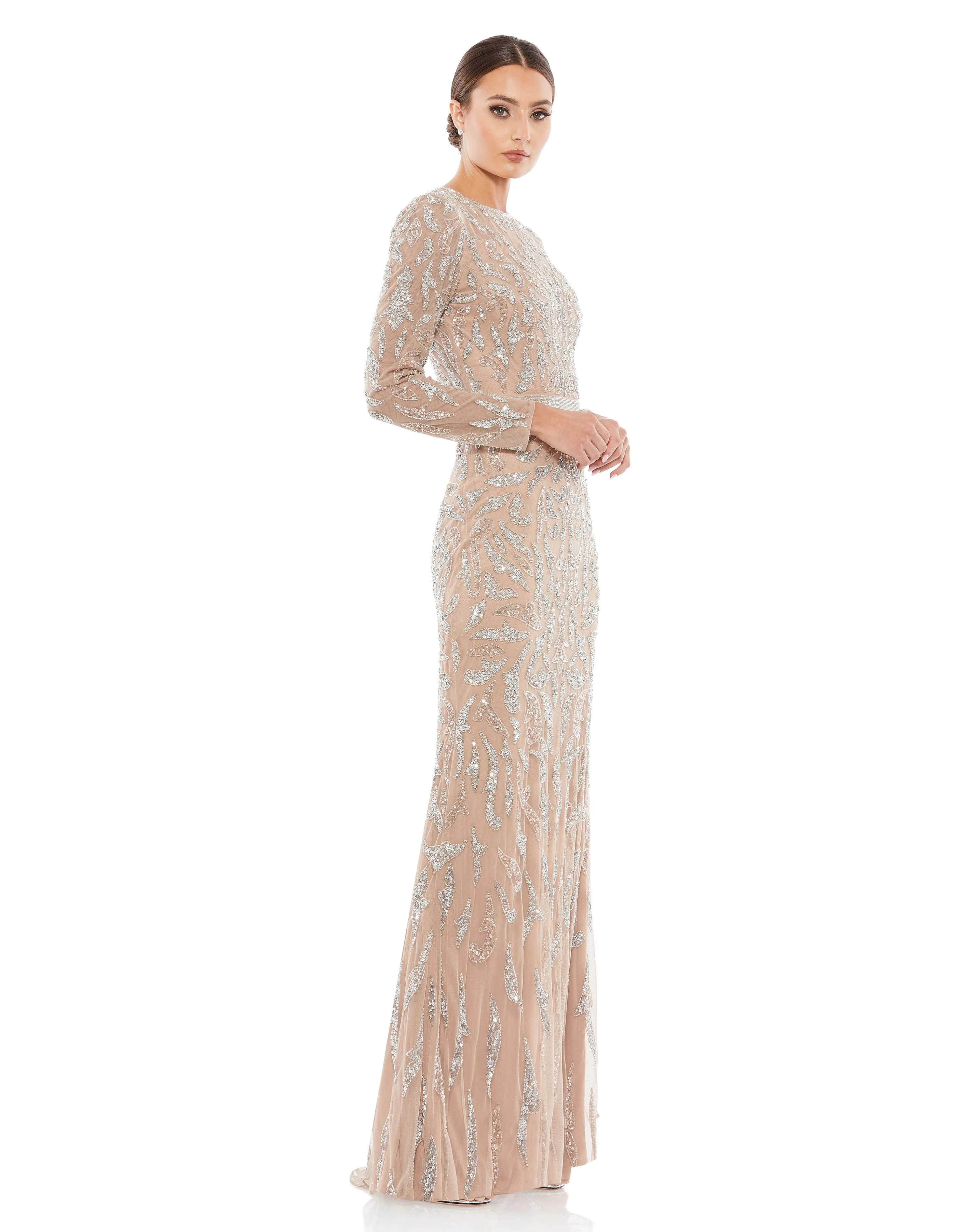 Beaded Long Sleeve Evening Gown