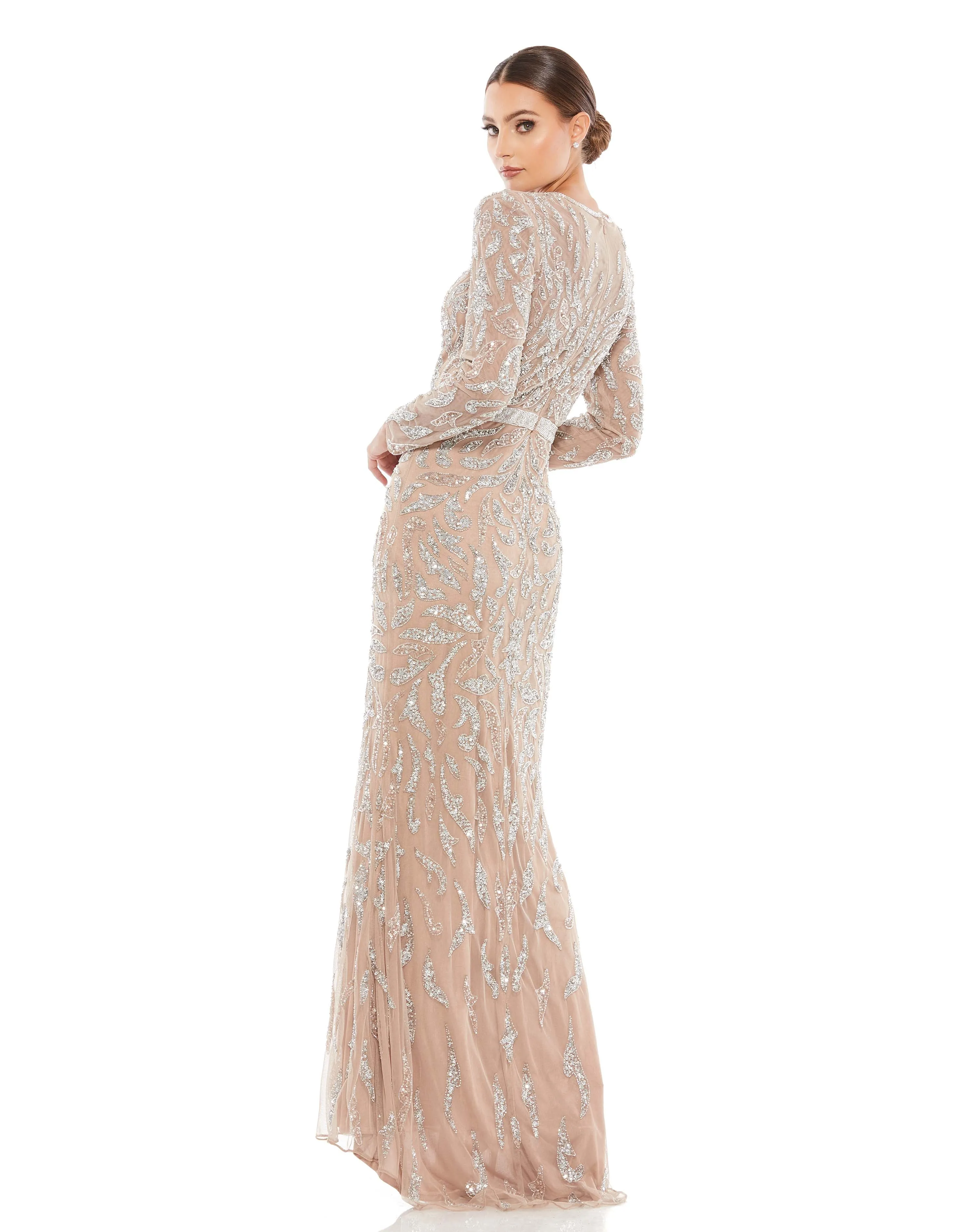 Beaded Long Sleeve Evening Gown