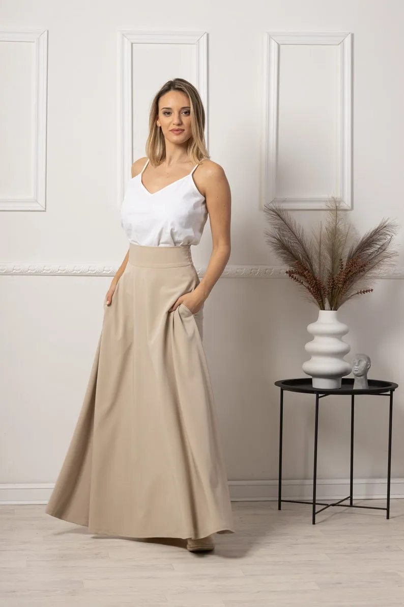 Beige High Waisted Maxi Skirt