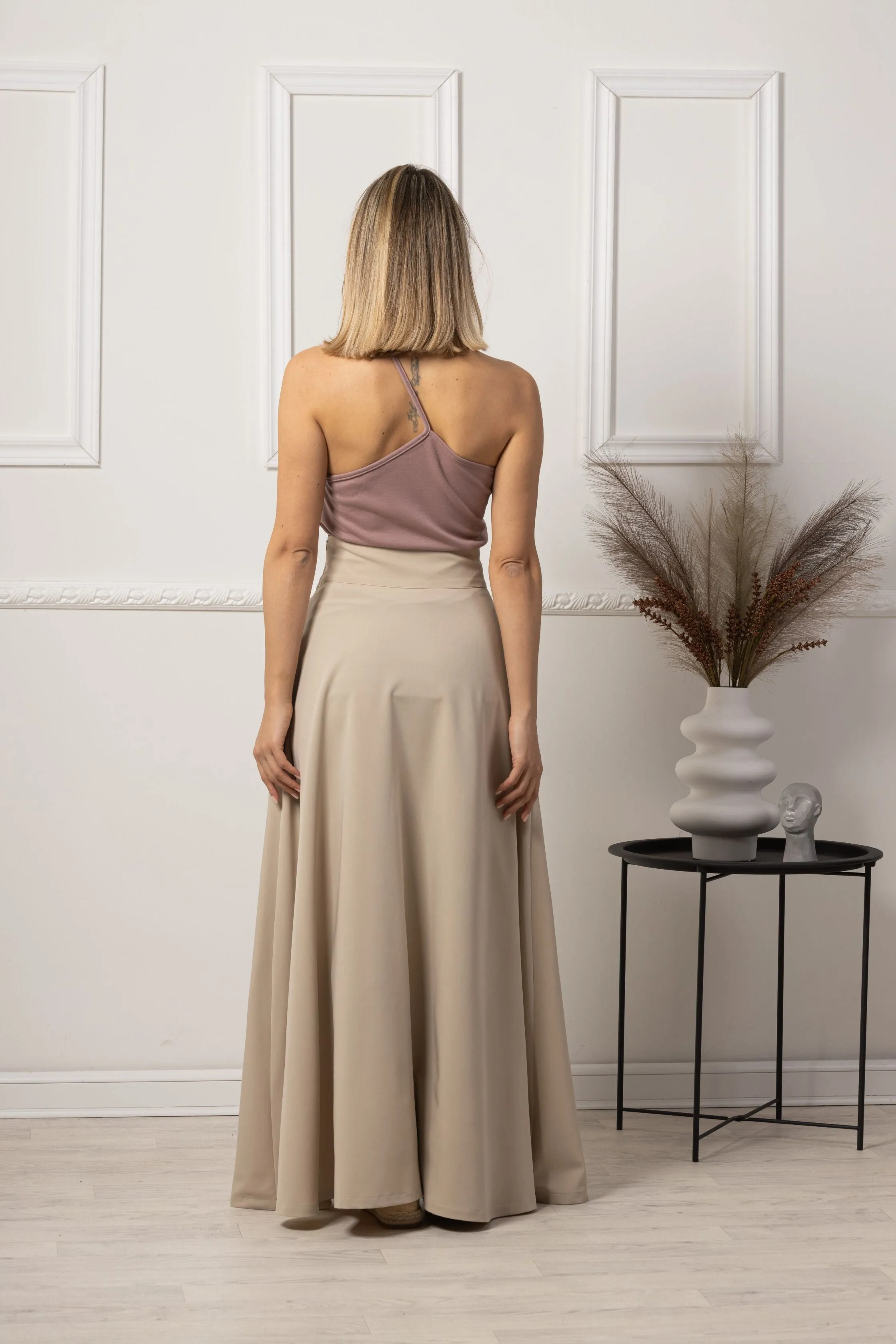 Beige High Waisted Maxi Skirt