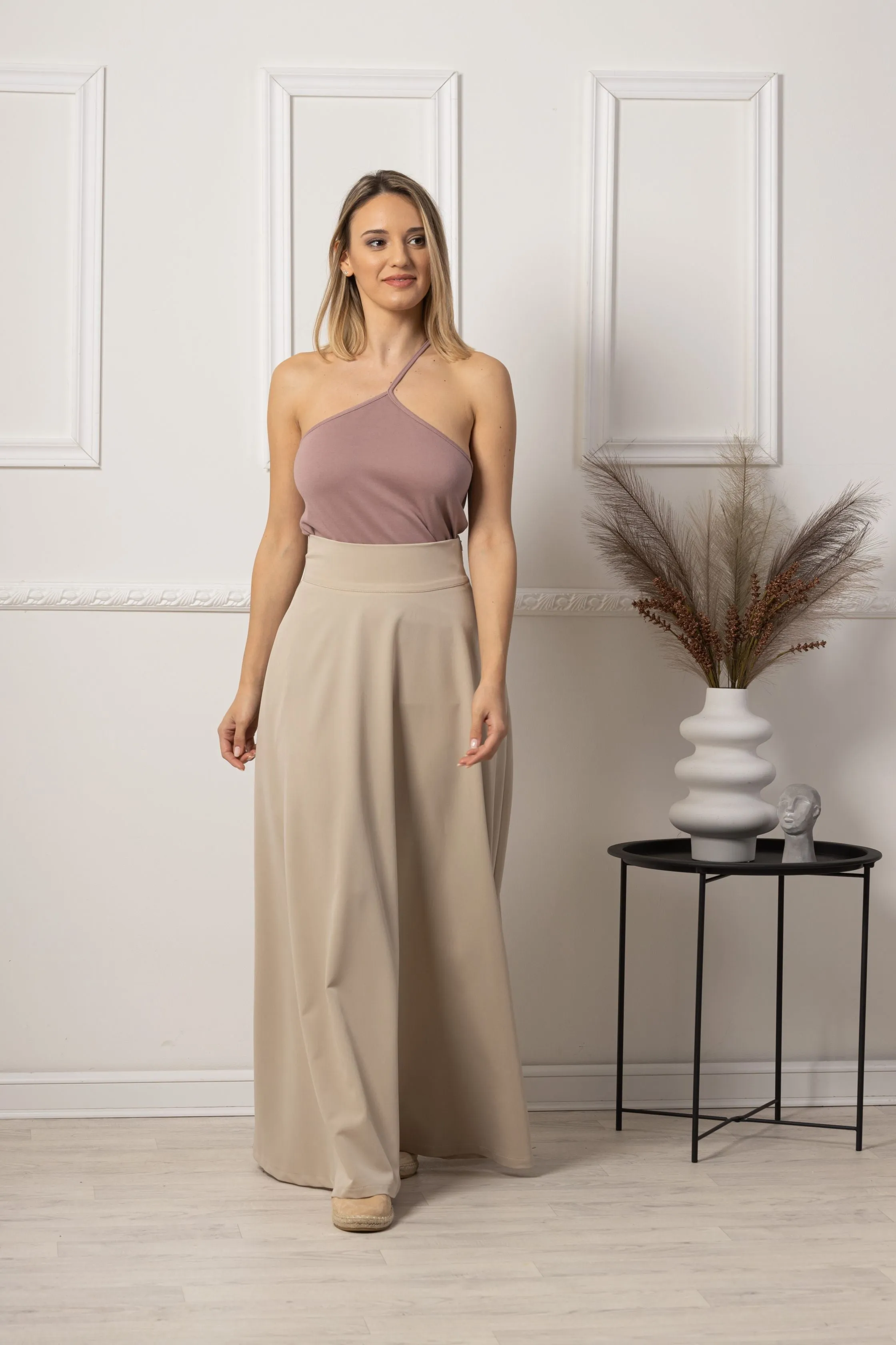 Beige High Waisted Maxi Skirt