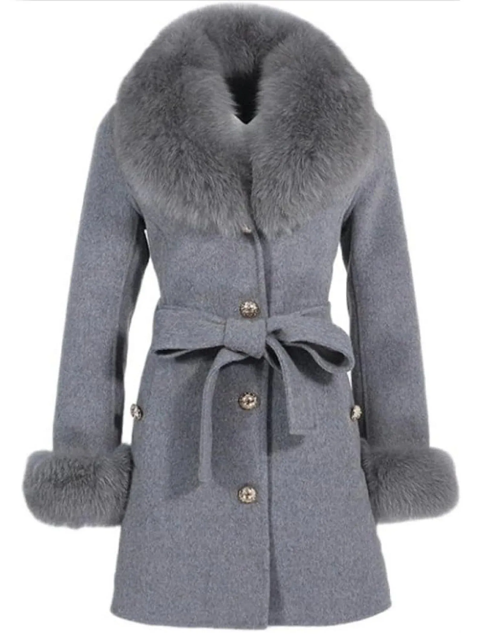 Belted Fur-Trim Wool and Cashmere Short Coat