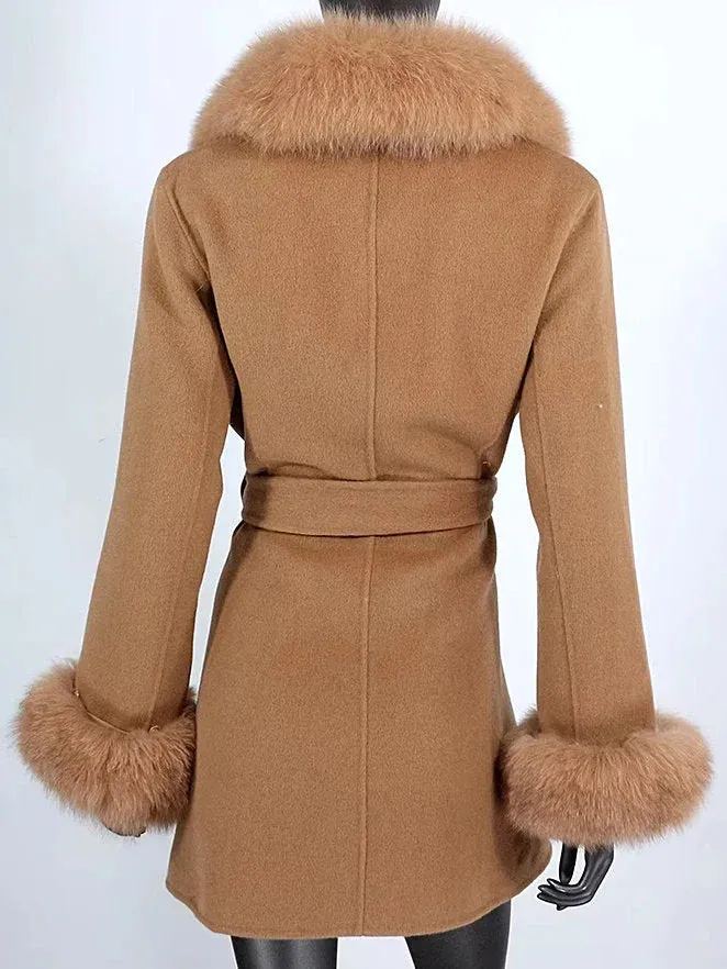 Belted Fur-Trim Wool and Cashmere Short Coat