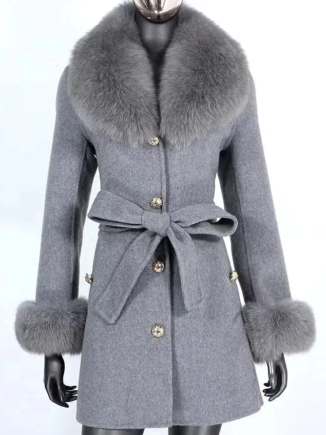 Belted Fur-Trim Wool and Cashmere Short Coat