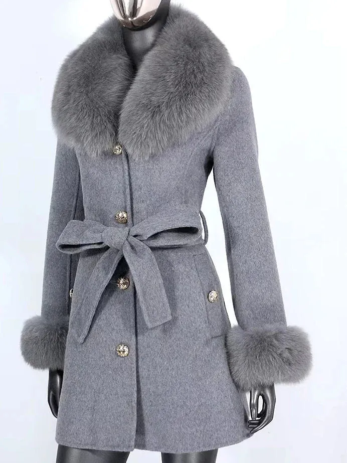 Belted Fur-Trim Wool and Cashmere Short Coat