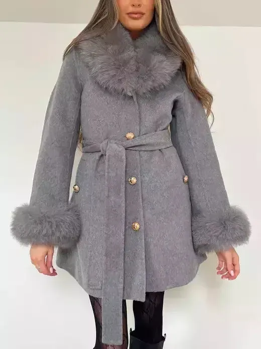 Belted Fur-Trim Wool and Cashmere Short Coat