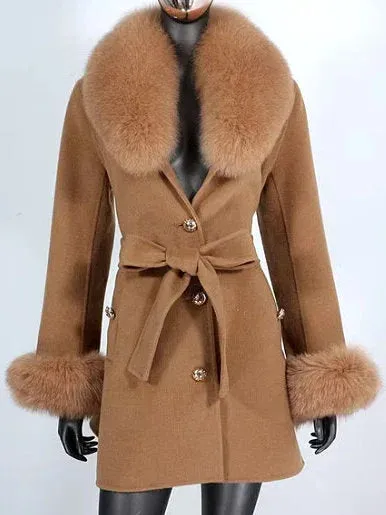 Belted Fur-Trim Wool and Cashmere Short Coat