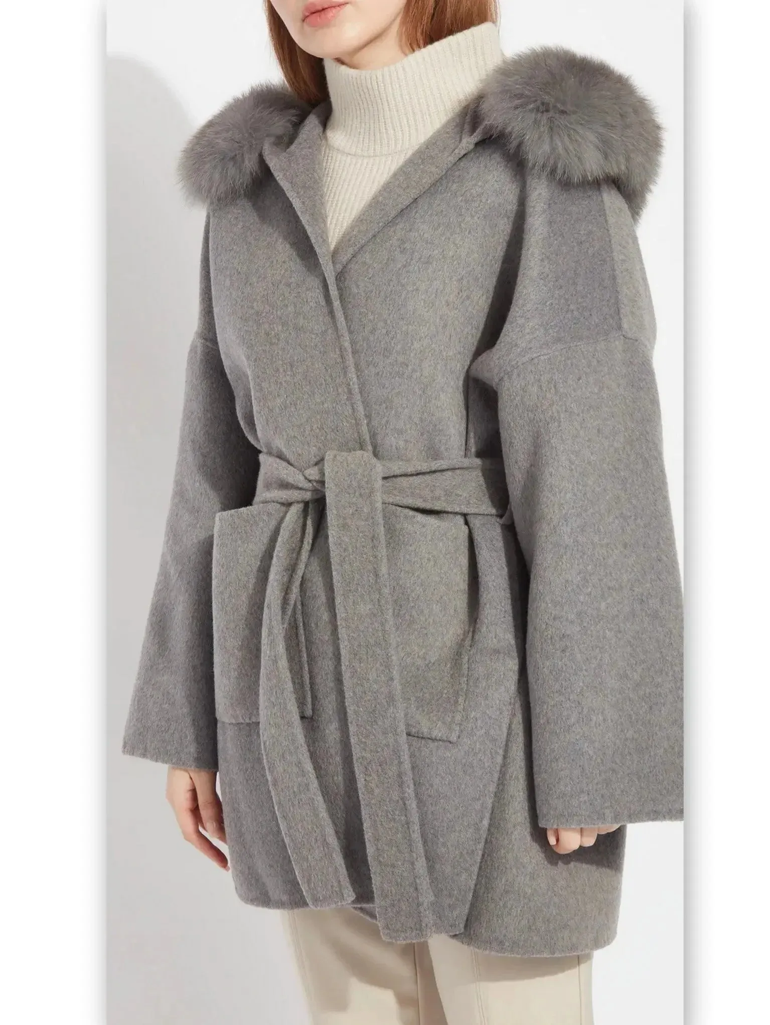 Belted Short Wool Cashmere Coat with Fur-Trim Hood in Grey