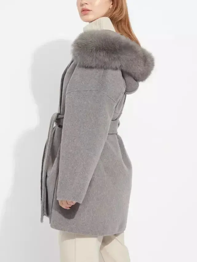 Belted Short Wool Cashmere Coat with Fur-Trim Hood in Grey