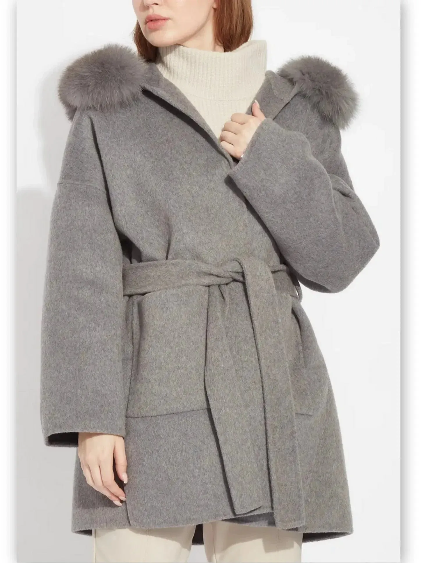 Belted Short Wool Cashmere Coat with Fur-Trim Hood in Grey