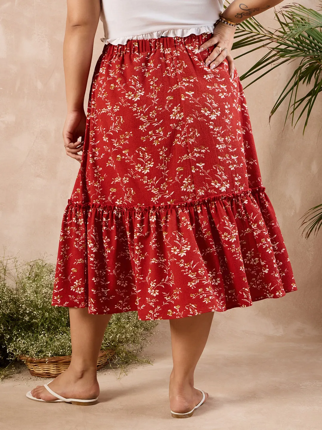 Berrylush Curve Women Red & White Floral Printed High-Rise Elastic Waist Slip-On Gathered A-Line Midi Skirt