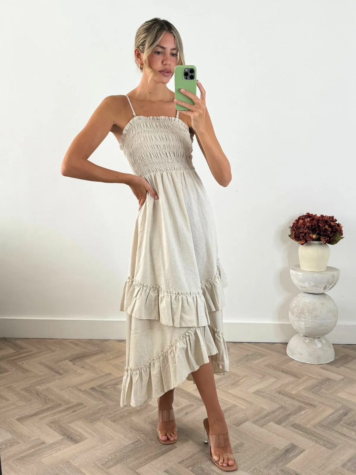 Bessie Shirred Frill Midi Dress in Cream