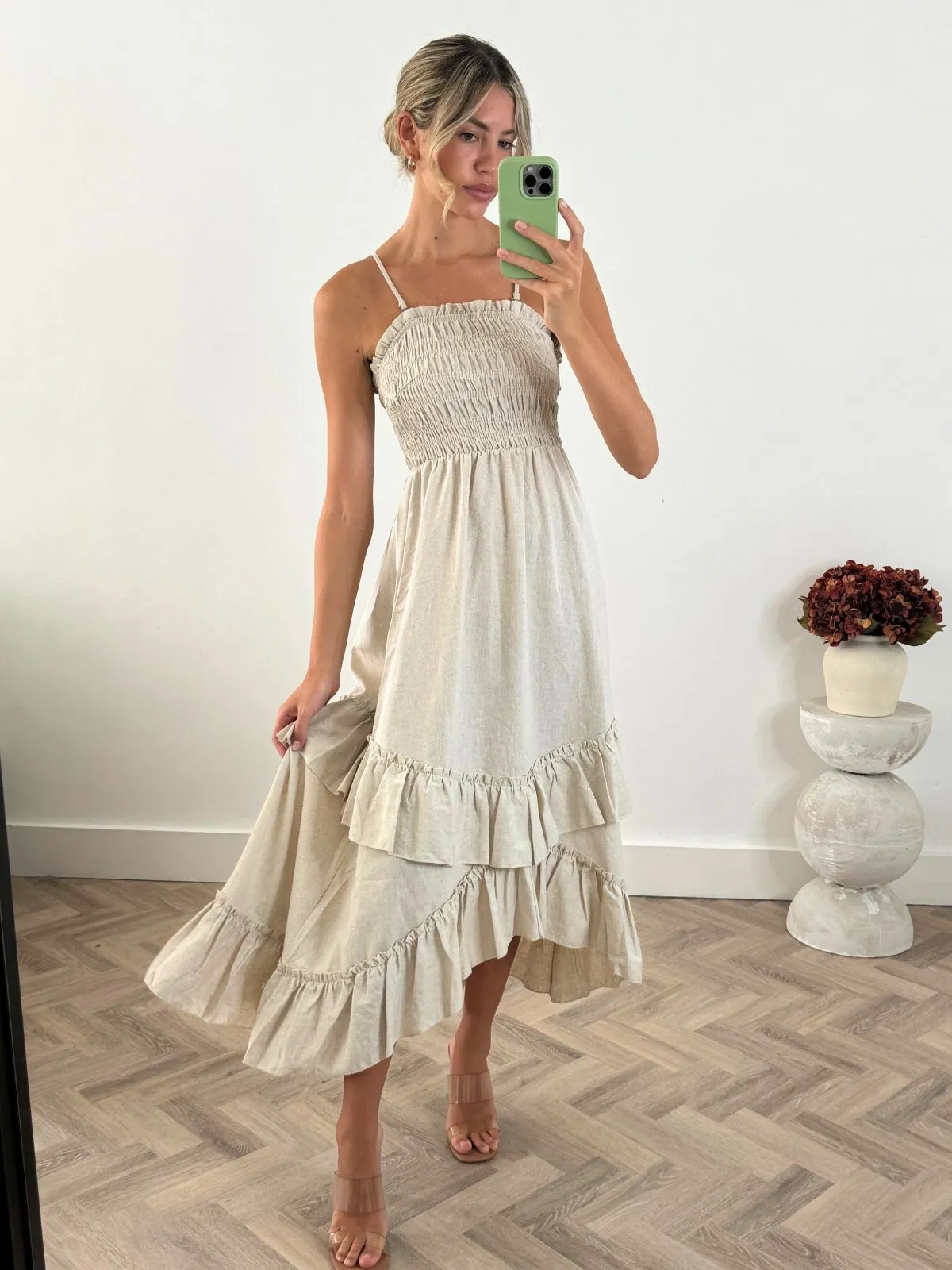 Bessie Shirred Frill Midi Dress in Cream