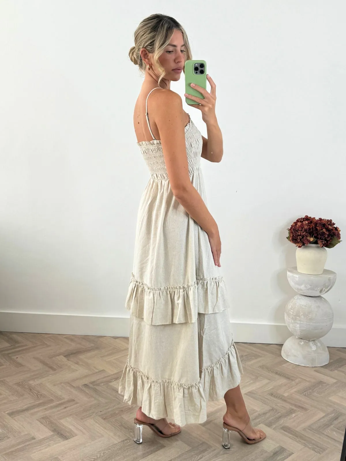 Bessie Shirred Frill Midi Dress in Cream