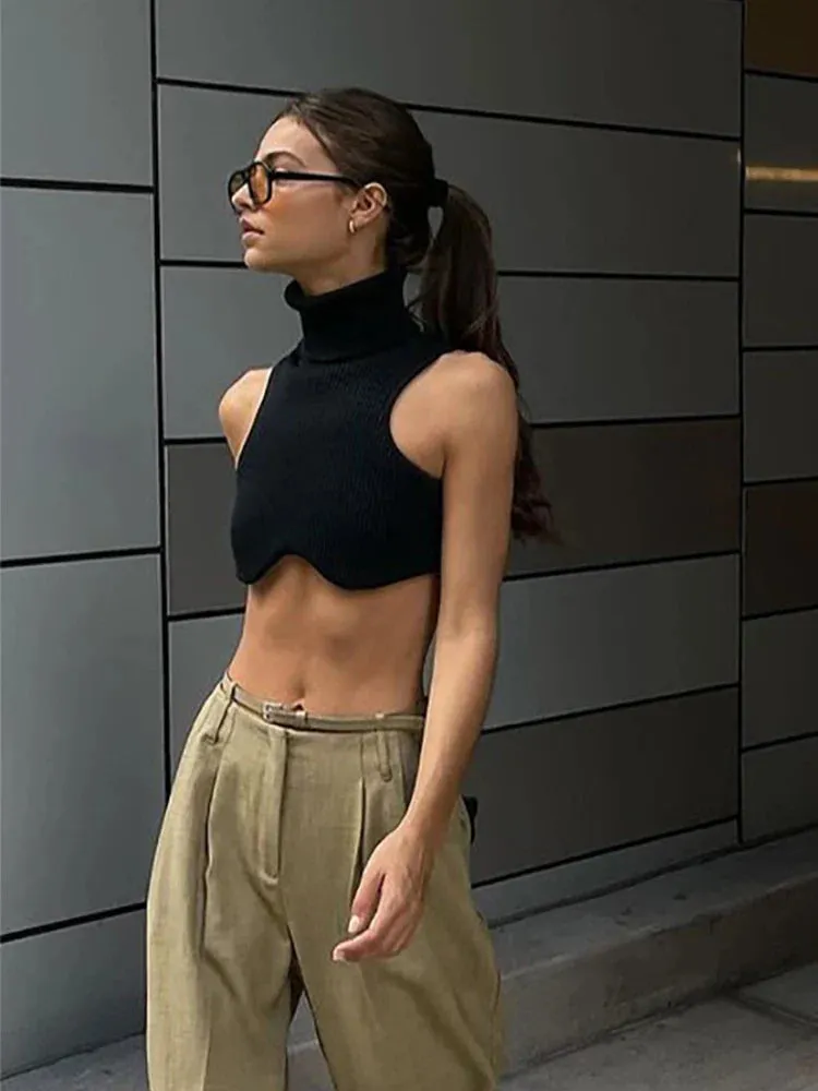 Black Knitting Turtleneck Crop Women Sexy Irregularity Skinny Elasticity Fashion Club Streetwear Tank top