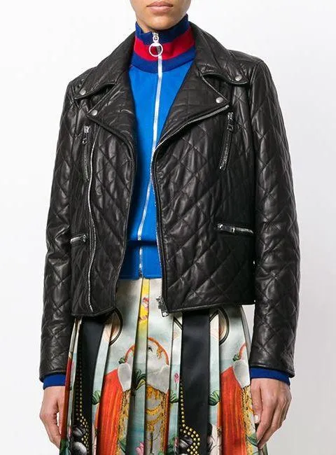 Black Quilted Leather Embellished Biker Jacket