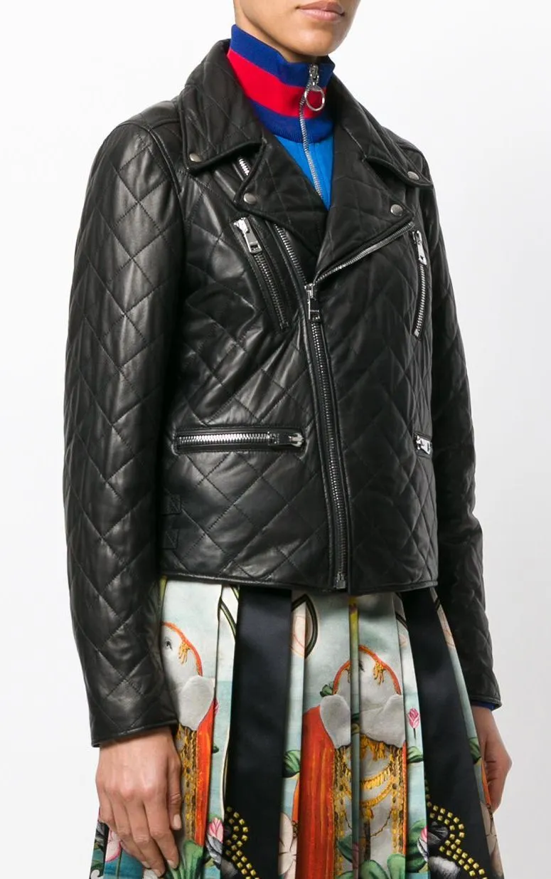 Black Quilted Leather Embellished Biker Jacket