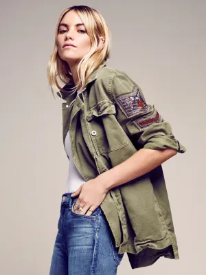 Boho Army Jacket Shirt Embellished Seed Bead Military Officer Stripes Eagle Button Down Khaki Olive Drab Green Or Black You Choose Available In Sizes Extra Small XS Small Medium Or Large