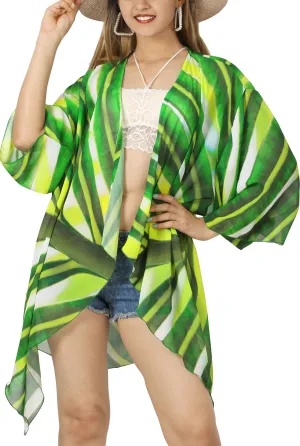 Botanical Whispers Sheer Allover Green Leaves Printed Kimono Shrug Jacket Cover up