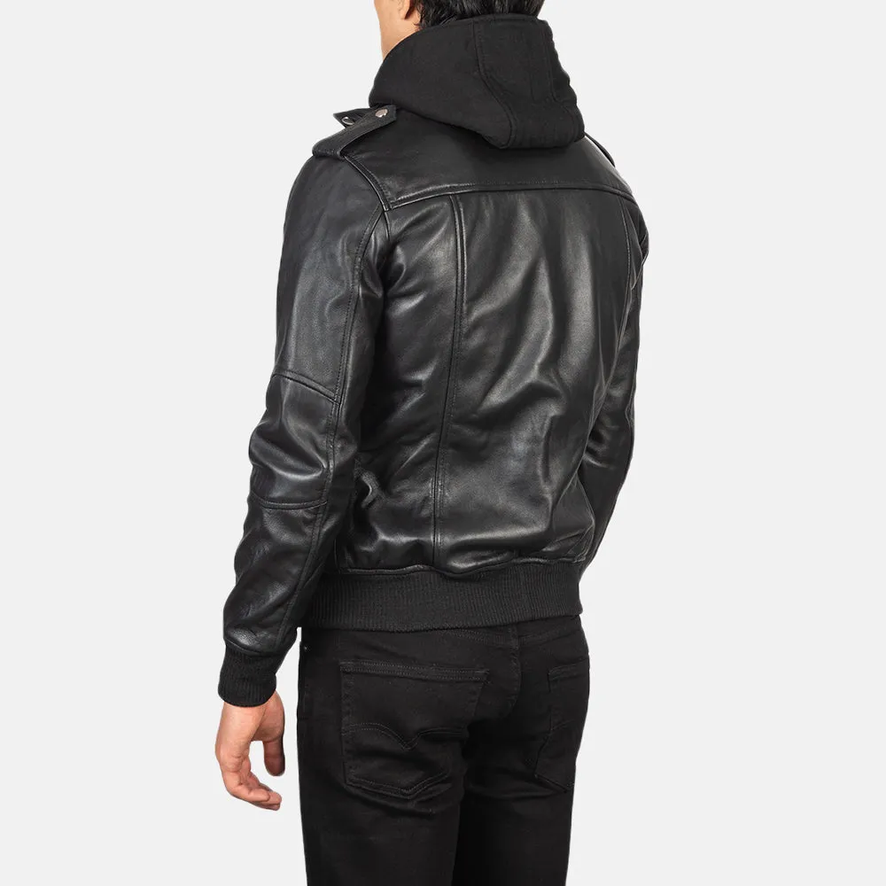 Bravado Black Hooded Leather Bomber Jacket