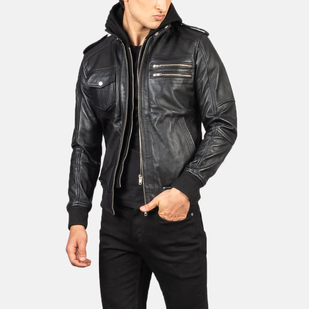 Bravado Black Hooded Leather Bomber Jacket