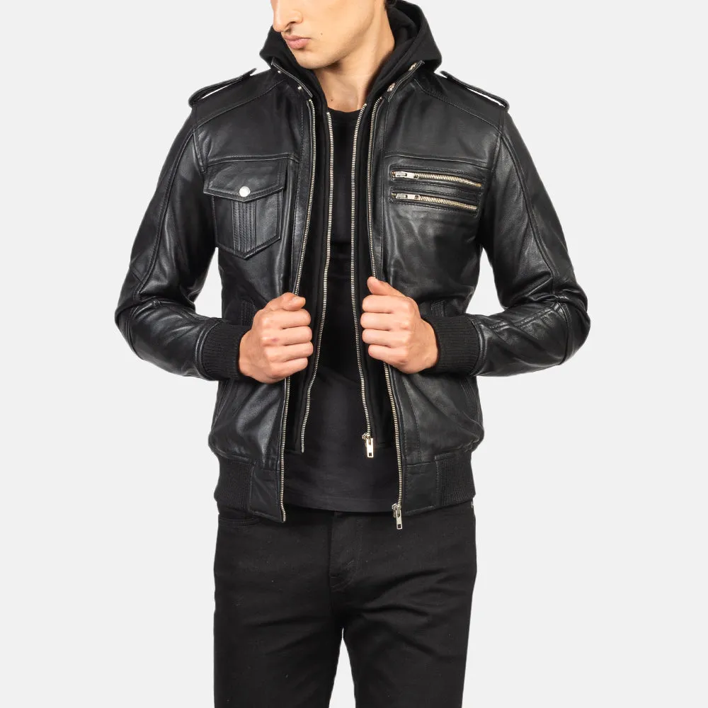 Bravado Black Hooded Leather Bomber Jacket